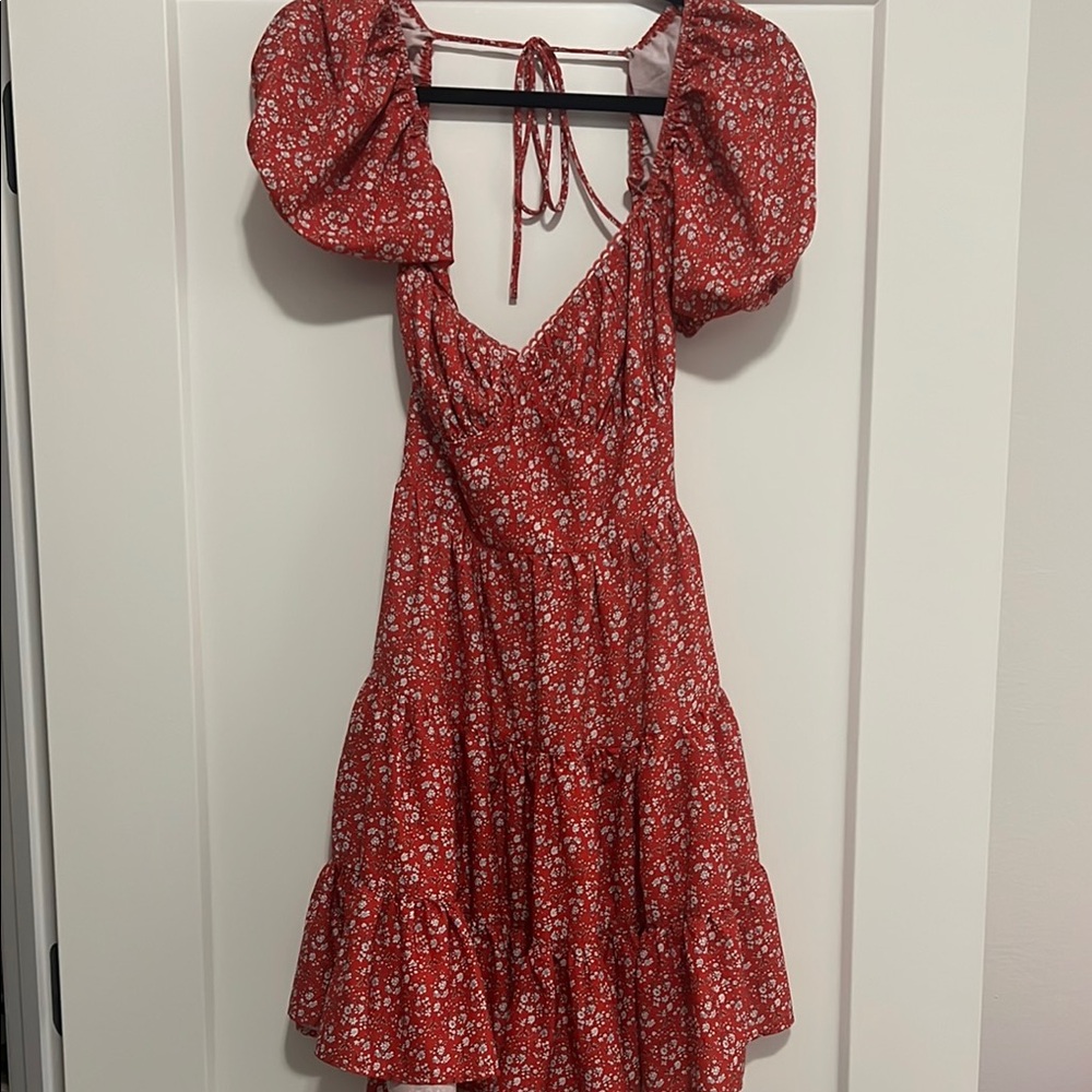 Red Floral Puff Sleeve Dress